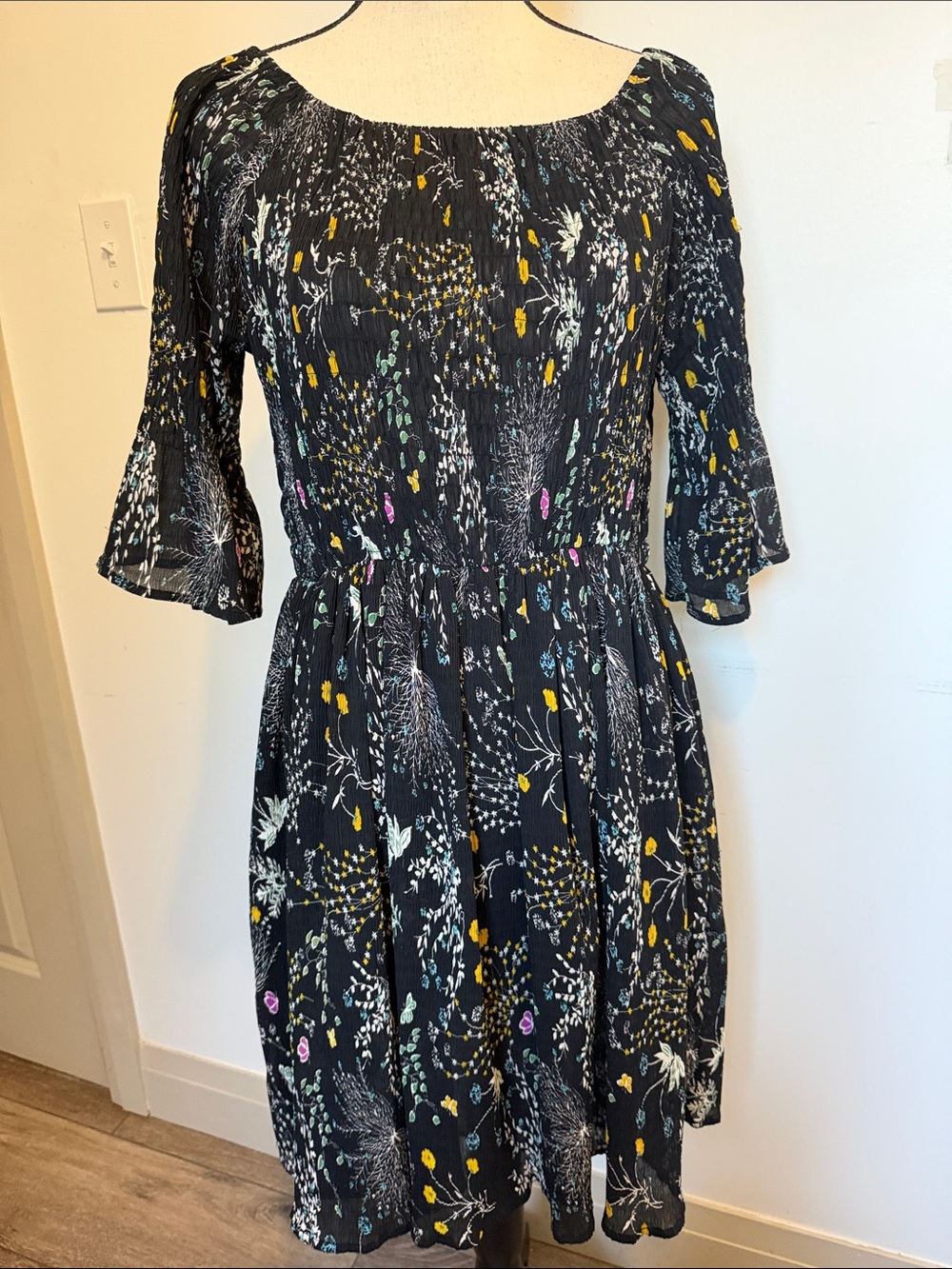 Yumi UK Black Floral Midi Dress with Yellow & Teal Accents Size 12